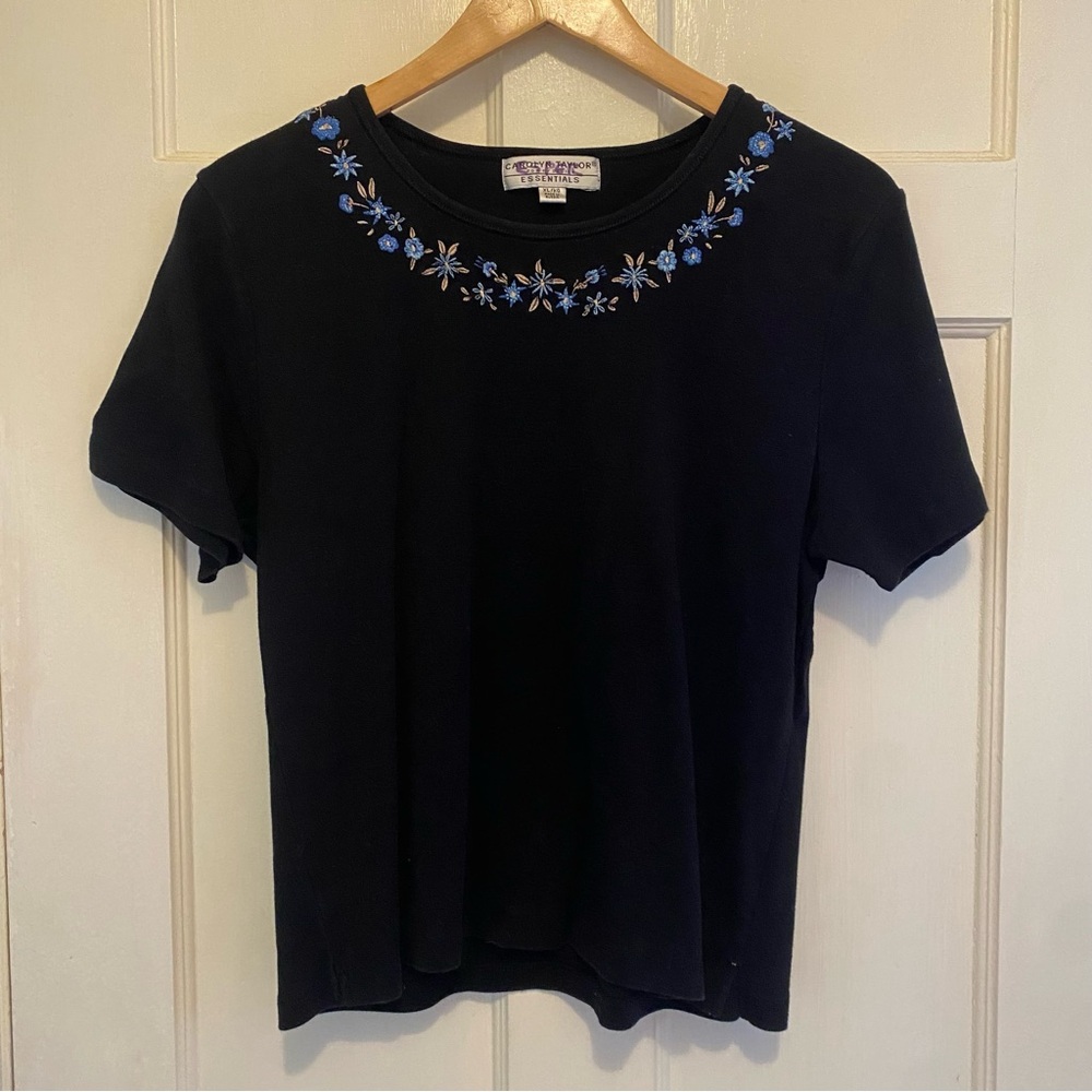 Carolyn Taylor Black Top with Blue Floral Embroidery